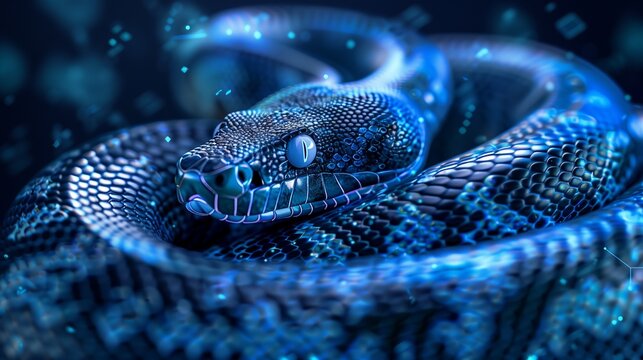 A digital, glowing snake symbolizing the Python programming language, representing code, algorithms, and data structures.