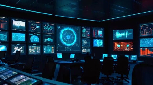 This is a room with many large screens showing different kinds of data and graphics. There are also computers and a control panel.