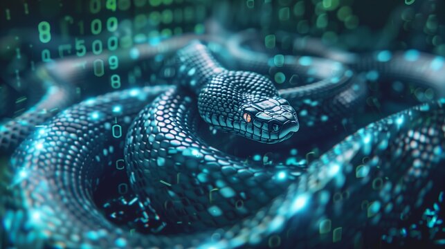 A digital snake surrounded by binary code, symbolizing Python programming and data manipulation.