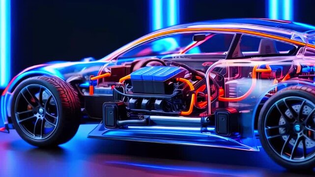 This is a video of a car with its engine and other parts shown as if they are made of transparent glass.