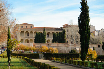 spanish building with garden and blue sky Guadalajara Spain 