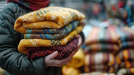 A person holding multiple colorful knitted sweaters at an outdoor market, showcasing the vibrant patterns and the cozy texture of the handmade clothing items.