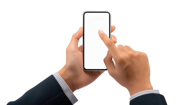 hands in a business suit holding and interacting with a smartphone with a blank white screen cut out transparent isolated on white background PNG
