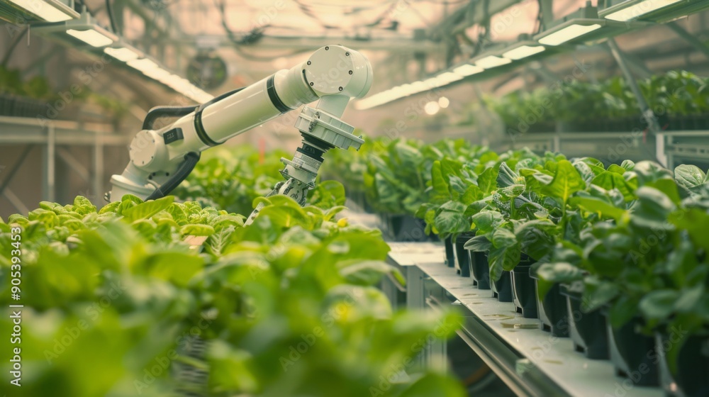 Poster a robotic arm efficiently cares for rows of lettuce plants in a well-lit greenhouse, showcasing auto