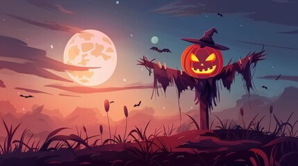A spooky Halloween scarecrow with a jack-o-lantern head stands in a field under a full moon.  Bats fly overhead.