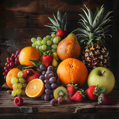 Vibrant Assortment of Fresh Fruits on Rustic Wooden Table - Highlighting Natural Textures and Colors for a Healthy and Appetizing Presentation