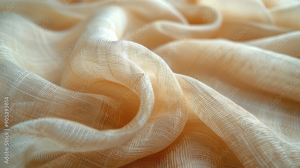 Poster a beautiful close-up of soft, flowing fabric with intricate textures and patterns, creating a delica