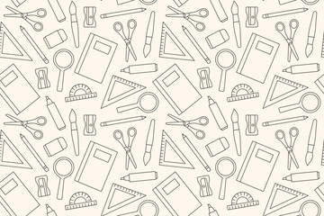 back to school seamless pattern with chalkboard, scissors, pencil, brush, microscope, globe, book, spiral notebook, magnifier, triangle ruler icons- vector illustration