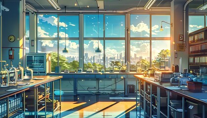 Anime Style View of a School Science Lab with Sunlight Streaming In, Summer Day