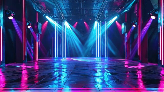 stage with vibrant blue and purple lighting effects.