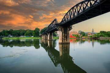 Landscape of Bridge River Kwai at Kanchanaburi, Thailand in morning time. Is a famous place and a tourist destination.
