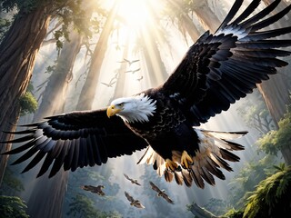 Beautiful Eagle flying in the Jungle. Bald Eagle Soaring Through the Jungle. Eagle Sniper Shot in the Canopy. Bald Eagle in the Heart of the Jungle. Eagle's Journey wildlife photography concepts