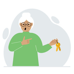 A woman holds a bunch of golden keys to open a locked door. Knowledge or the key to success. Vector flat illustration