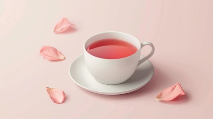 A white teacup filled with pink tea and surrounded by delicate pink petals on a soft pink background.