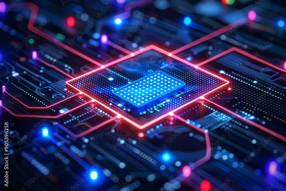 Poster high-tech circuit board with glowing elements, representing the intersection of technology and moder