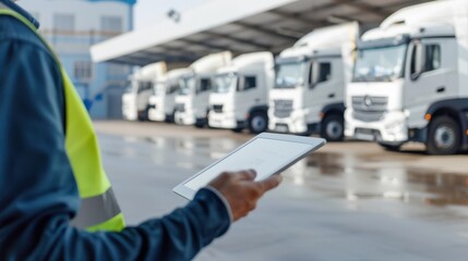 A worker in a safety vest checks a tablet in front of a row of white delivery trucks.