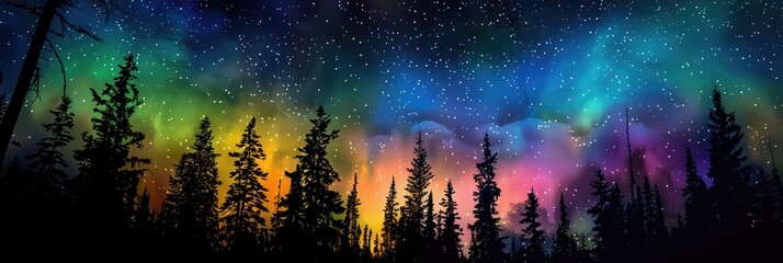Fototapeta premium A striking display of the northern lights illuminating the starry sky surrounded by silhouetted trees
