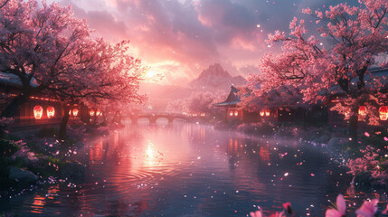 Japanese vanilla sky sunset over the lake with sakura 