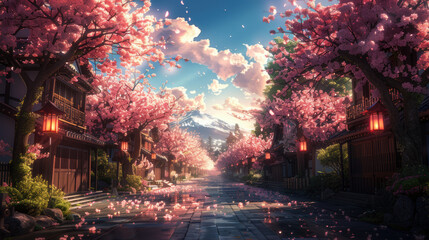 Japanese street with sakura in spring