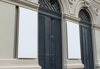 Blank white restaurant or shop sign mockup, large billboard banner on a storefront template.