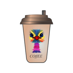 A cup of coffee to go, with a cool ostrich print. To lift your morning mood. Isolated on white background, vector illustration.