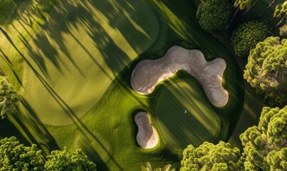 Aerial view of bunkers sand in golf court with putting green grass
