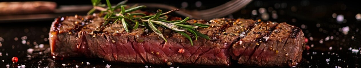 Obraz premium Gourmet Grilled Steak Seasoned with Rosemary and Sea Salt on a Black Background, Presented with a Fork for a High-End Food Commercial or E-commerce Imagery.