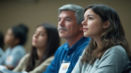 Fototapeta premium Parents and students at a college orientation, listening to presentations about academic programs and campus life, the atmosphere informative and welcoming, helping first-year students transition