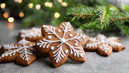 Festive gingerbread cookies in Christmas snowflake shapes with icing on cement table, fir branches