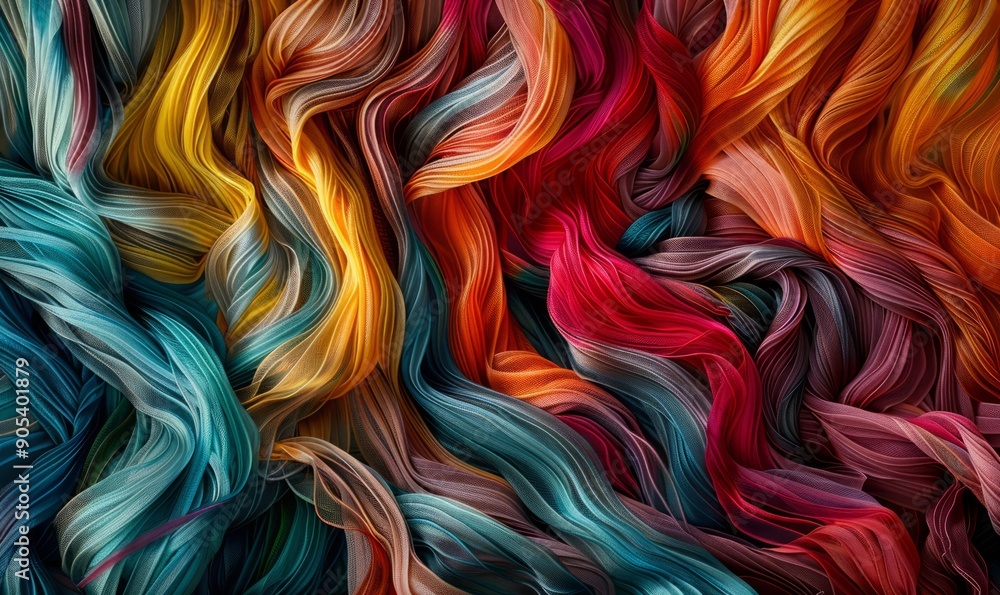 Poster bold, tangled yarns in a dynamic wave pattern, evoking a sense of energy and fluidity