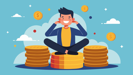  A man sits atop a stack of coins, holding his head in his hands with a happy expression vector illustration 