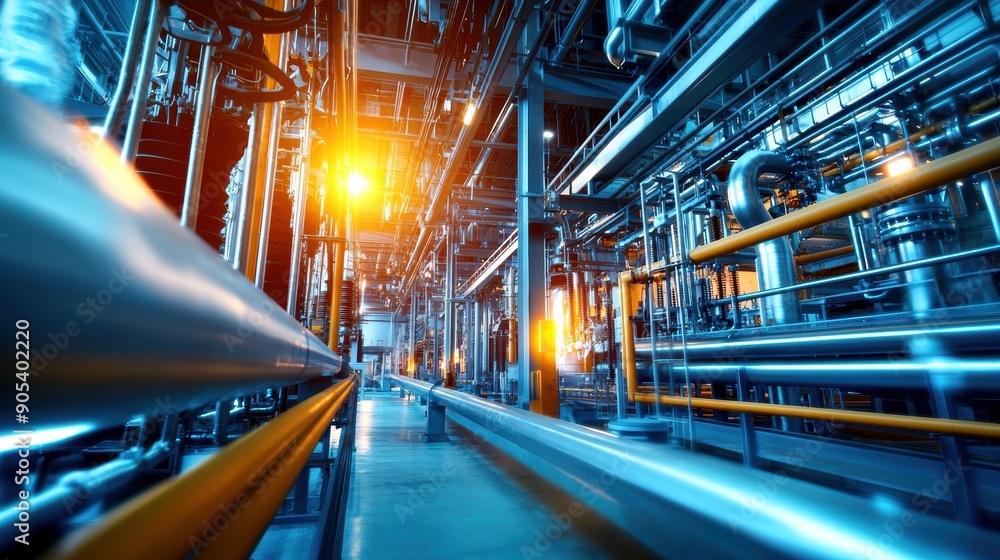 Aufkleber industrial pipeline system in factory. the image features a complex network of pipes and machinery i