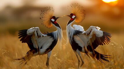 Fototapeta premium A pair of elegant cranes dance gracefully in a golden sunset, showcasing their vibrant feathers and intricate courtship rituals.