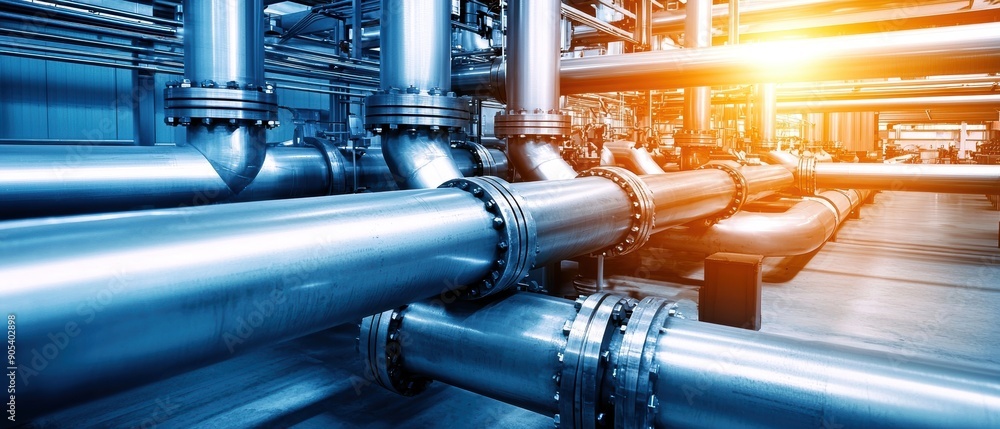 Poster complex piping system in factory. the image shows an intricate network of pipes and valves in a mode