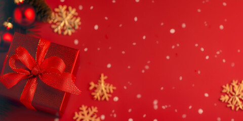 Red Christmas decorations with pinecones, baubles, and gift boxes on a red background. Perfect for festive greeting cards.