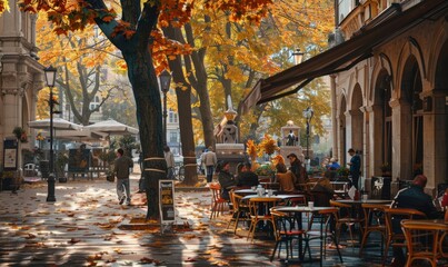 Bustling city square, vibrant autumn trees, outdoor cafe, lively atmosphere