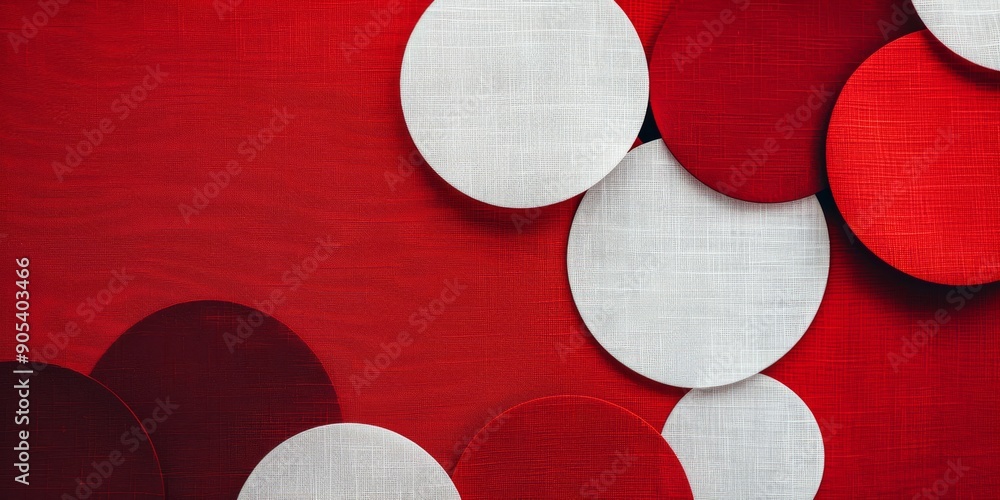 Poster an abstract composition with vibrant red and white circles on a textured background
