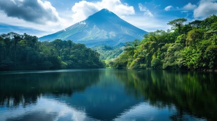 Obraz premium Dormant volcano with lush vegetation on its slopes, a serene lake at its base reflecting the mountain
