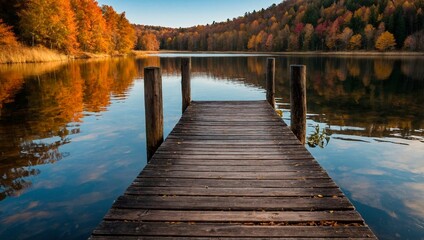 Fototapeta premium wooden pier on a lake in autumn forest