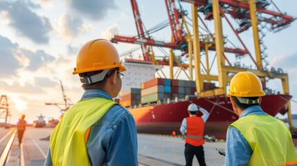 Two dockworkers in safety vests and hard hats observe a cargo ship being loaded at a port.