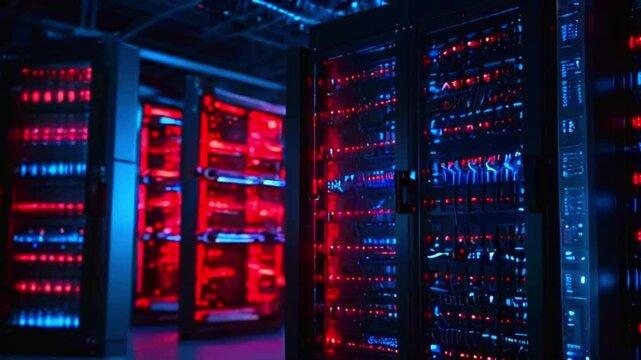 This video shows rows of servers with colorful lights.
