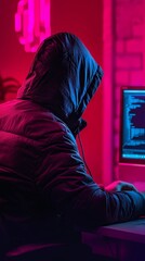 Hooded hacker working at night, cybercrime, data breach