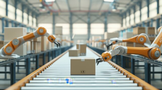 Two robotic arms working on a conveyor belt in a warehouse, moving boxes.  The image shows the automation of modern warehouse processes.