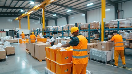 Workers in a warehouse sorting and packing boxes.