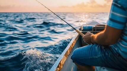 Professional male angler on a boat, ship catching fish with fishing rod at a sea, ocean or lake. Outdoor sport recreation, nature activity, male hobby, summer vacation trip, blue water, marine world