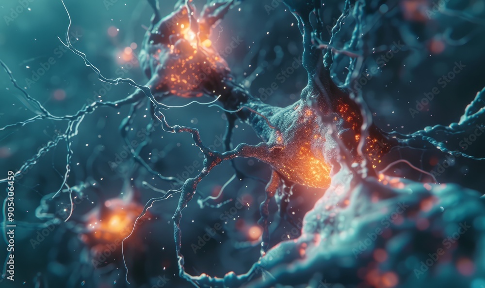 Aufkleber close-up of neuron connections in brain tissue, exploring neural pathways and synaptic activity