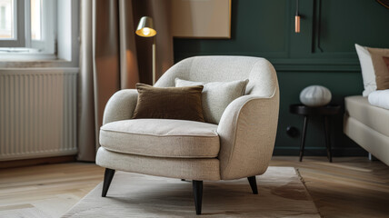 Cozy armchair in a stylish living room with modern decor.