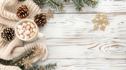 A warm cup of hot chocolate topped with marshmallows and spices rests on a wooden table, surrounded by a cozy knitted scarf and cinnamon sticks