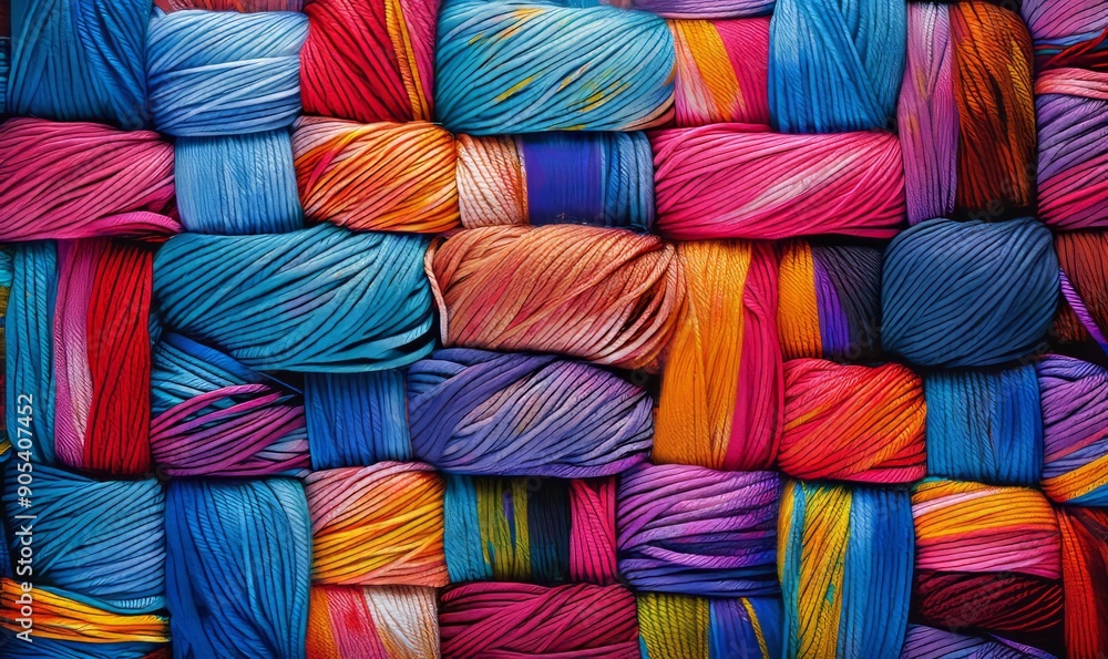 Poster colorful tapestry of intersecting yarn lines, creating a complex, vibrant mosaic effect