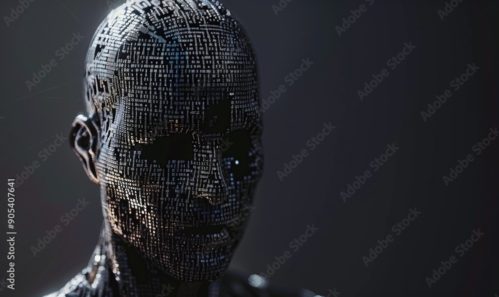 Aufkleber conceptual digital sculpture depicting a human figure composed of binary code, symbolizing the integ